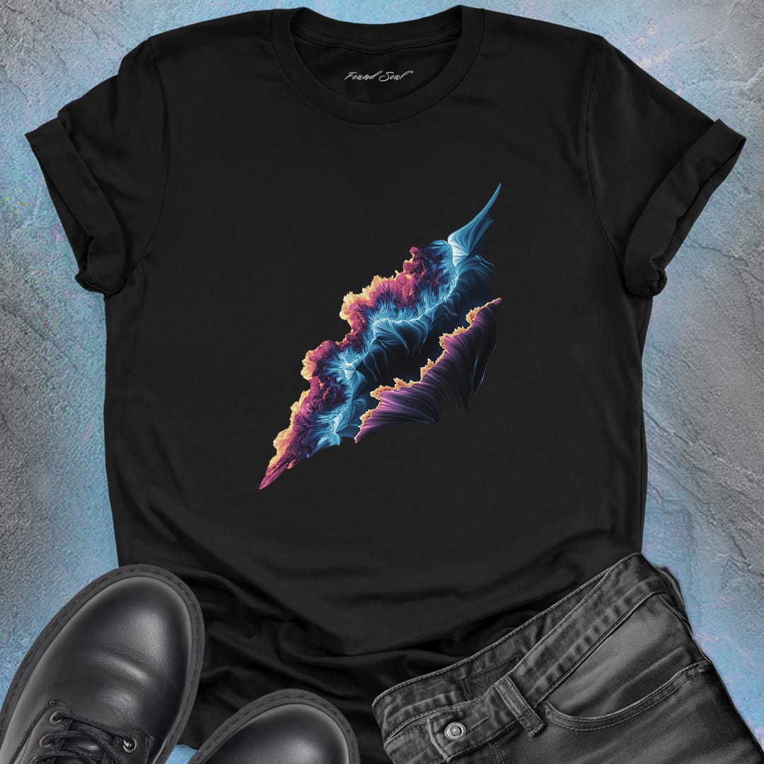 Cosmic form split between orange flame and icy blue on black t-shirt for balance alchemy duality mastery spiritual transformation