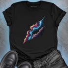Cosmic form split between orange flame and icy blue on black t-shirt for balance alchemy duality mastery spiritual transformation