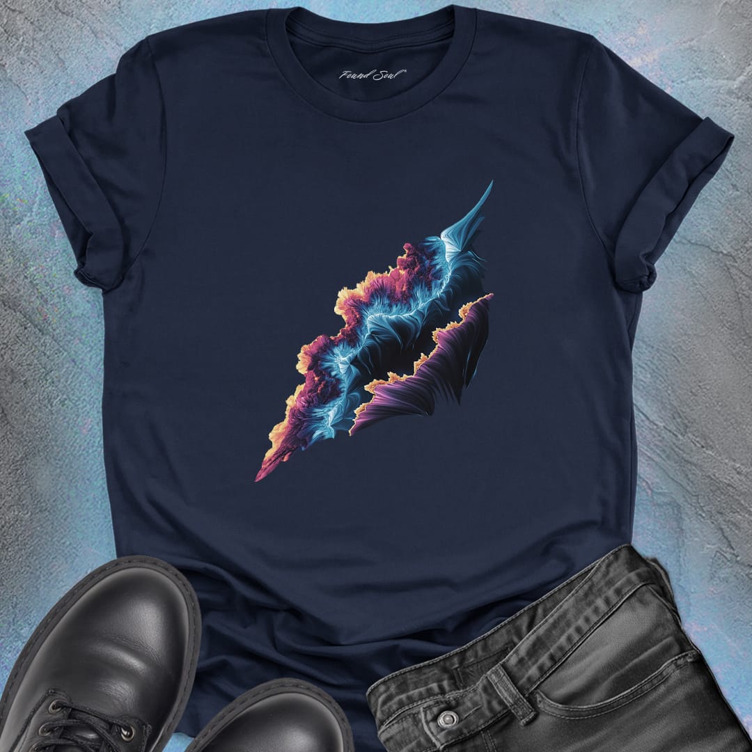 Cosmic form split between orange flame and icy blue on navy t-shirt for balance alchemy duality mastery spiritual transformation