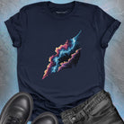 Cosmic form split between orange flame and icy blue on navy t-shirt for balance alchemy duality mastery spiritual transformation