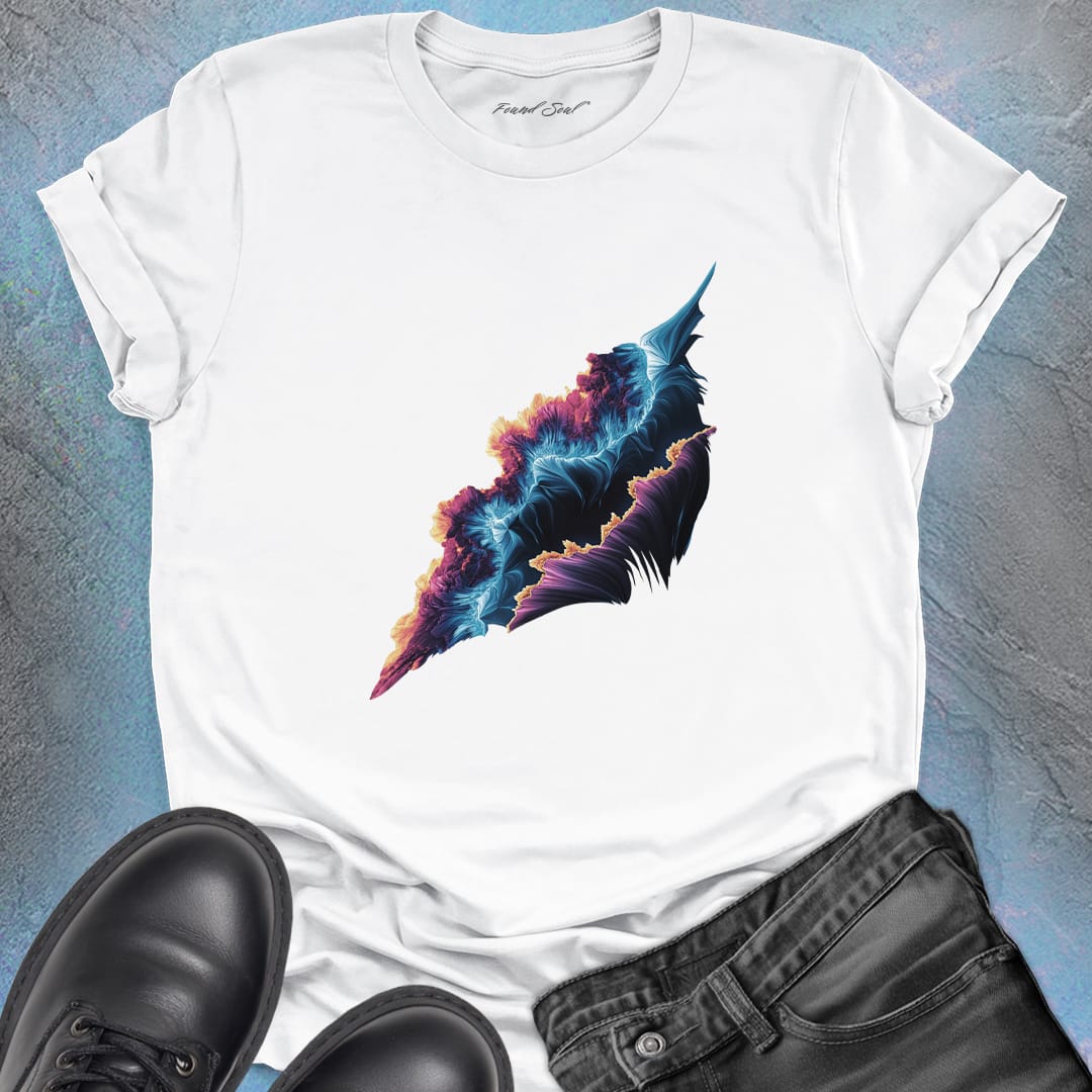 Cosmic form split between orange flame and icy blue on white t-shirt for balance alchemy duality mastery spiritual transformation