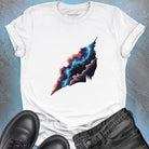 Cosmic form split between orange flame and icy blue on white t-shirt for balance alchemy duality mastery spiritual transformation