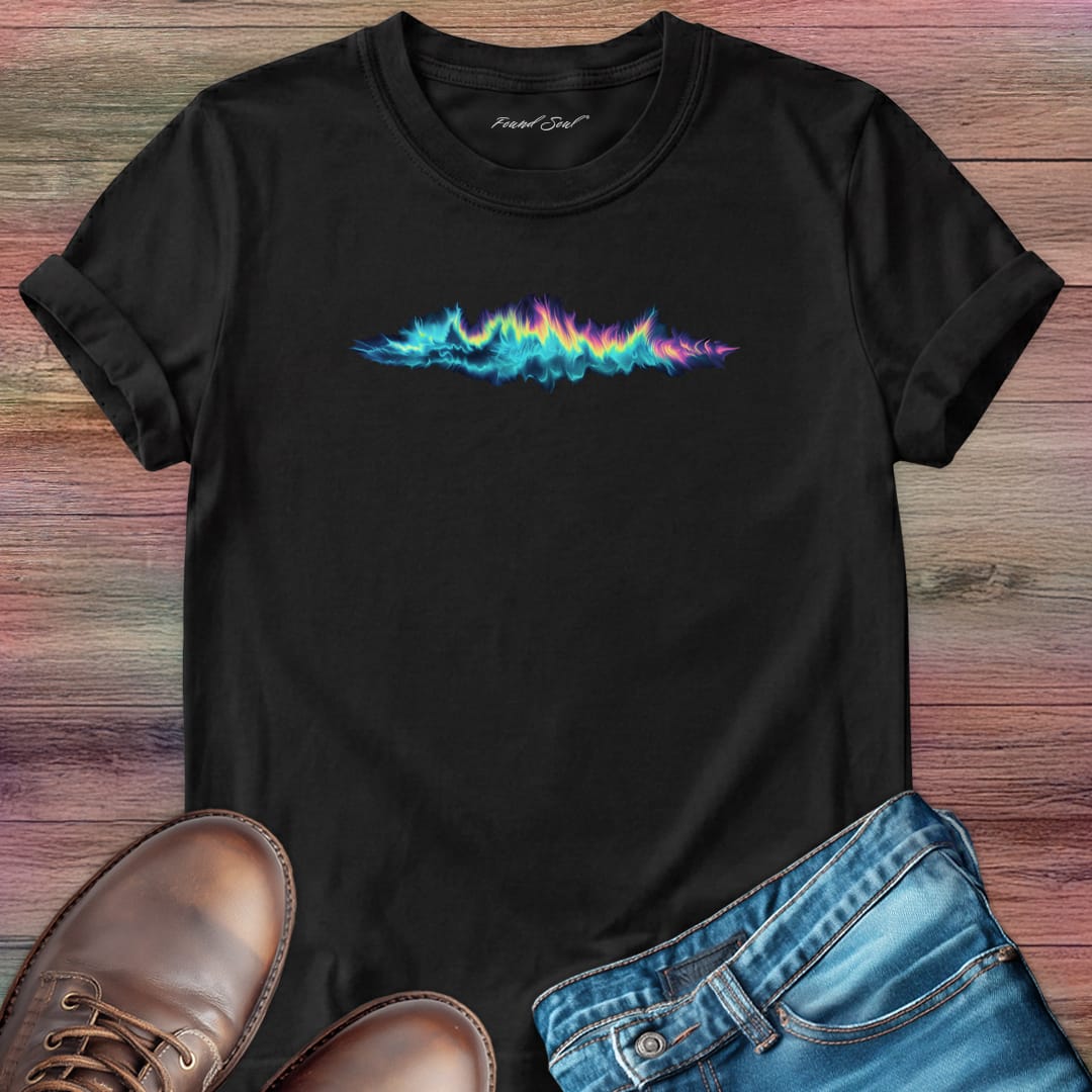 Vibrant rainbow soundwave with electric edges black t-shirt for synesthesia frequency color sound light collision spiritual music fire sky