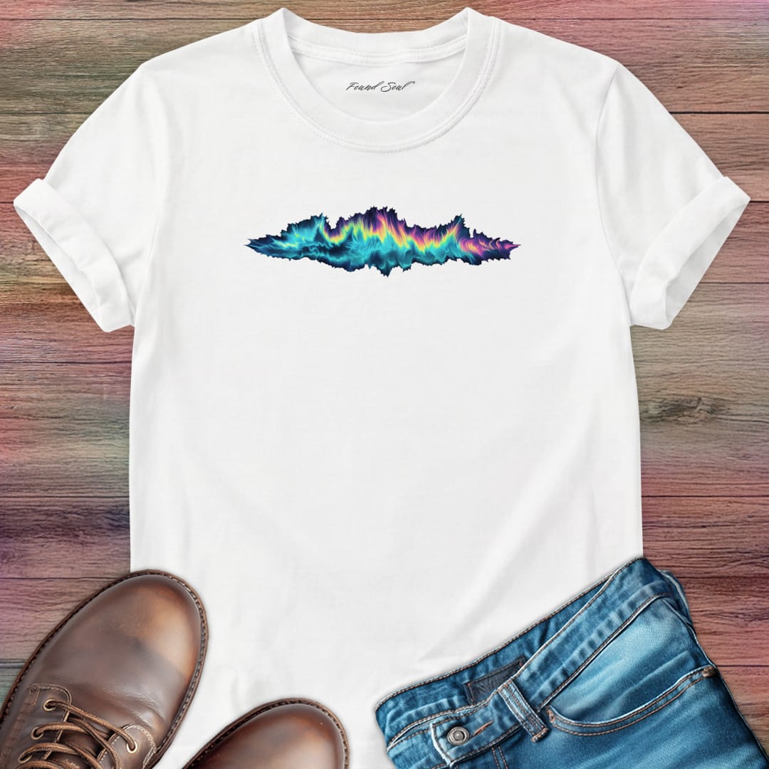 Vibrant rainbow soundwave with electric edges white t-shirt for synesthesia frequency color sound light collision spiritual music fire sky