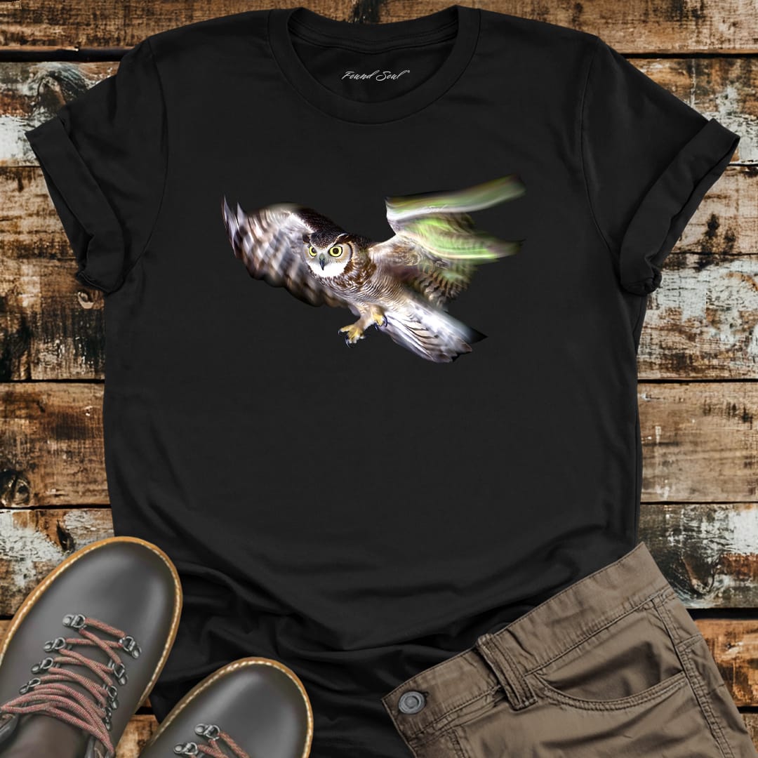 Owl in flight with on black t-shirt for owl wisdom silent learning nature mysticism
