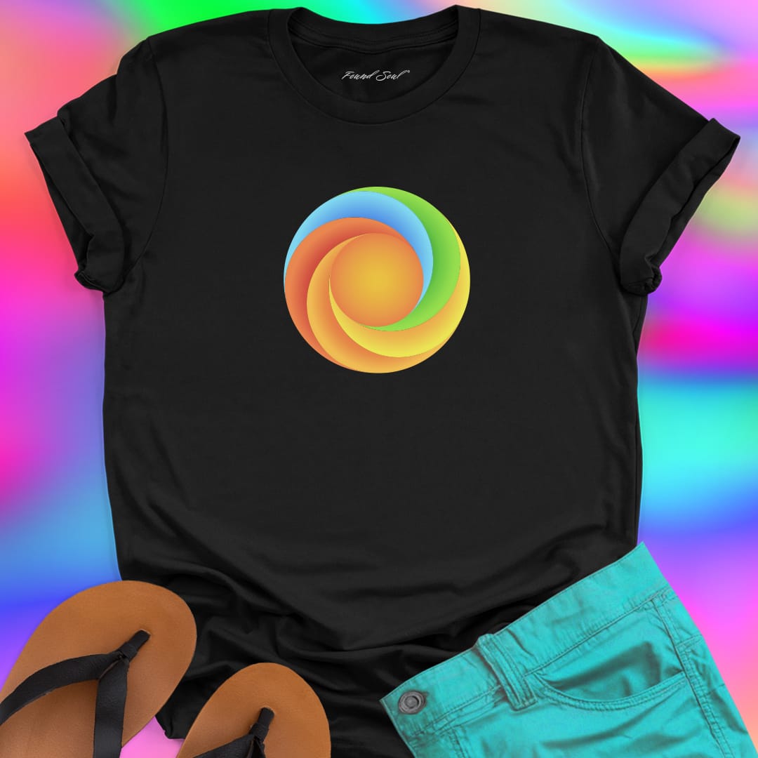 Found Soul® radiant spiral rainbow energy black t-shirt for flow state and non linear growth.