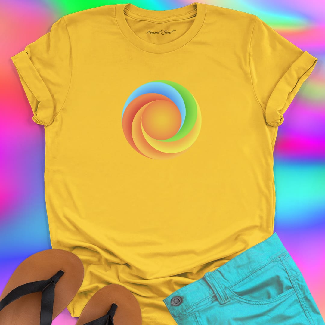 Found Soul® radiant spiral rainbow energy yellow t-shirt for flow state and non linear growth.