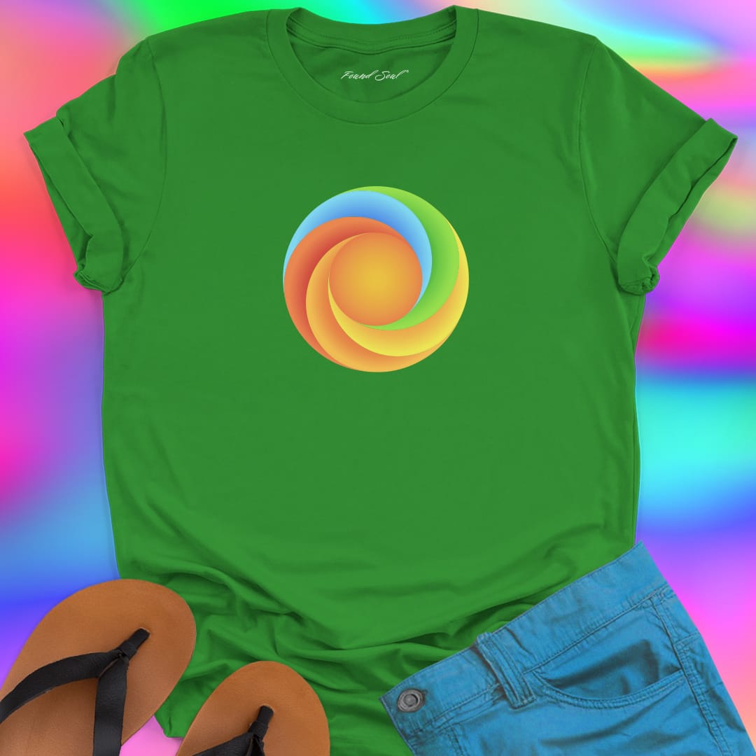 Found Soul® radiant spiral rainbow energy green t-shirt for flow state and non linear growth.