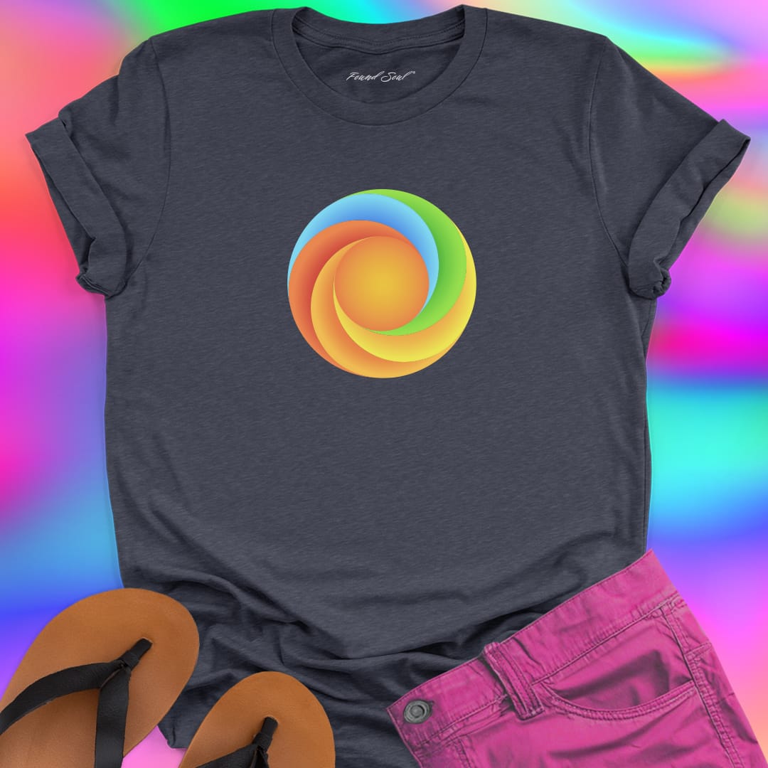 Found Soul® radiant spiral rainbow energy grey t-shirt for flow state and non linear growth.