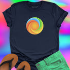 Found Soul® radiant spiral rainbow energy navy t-shirt for flow state and non linear growth.