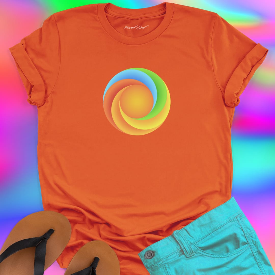 Found Soul® radiant spiral rainbow energy orange t-shirt for flow state and non linear growth.