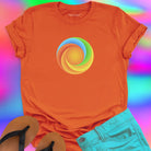 Found Soul® radiant spiral rainbow energy orange t-shirt for flow state and non linear growth.