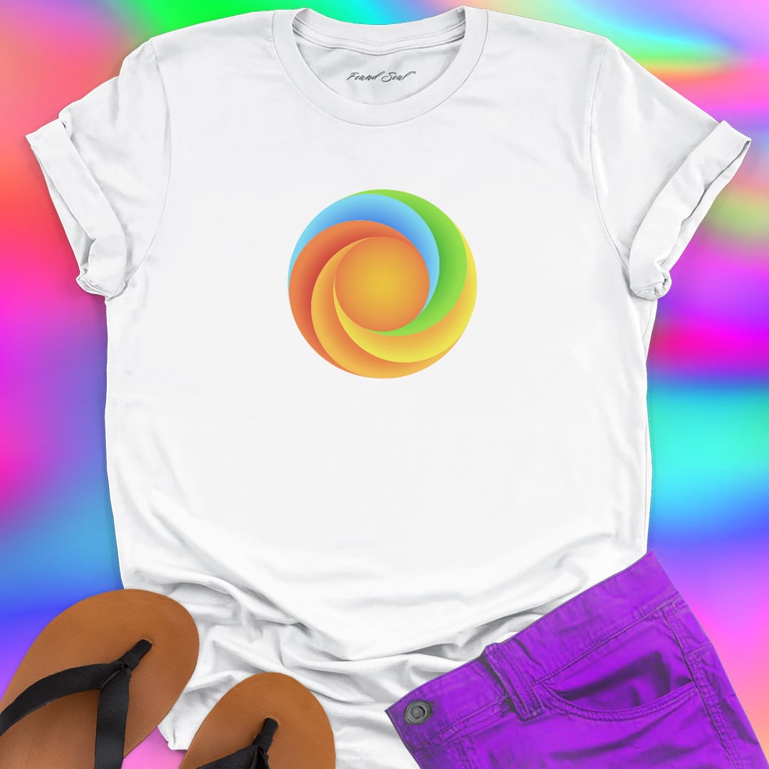 Found Soul® radiant spiral rainbow energy white t-shirt for flow state and non linear growth.