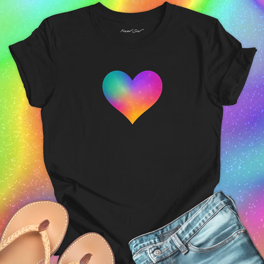 Rainbow heart black t-shirt for found soul coming home self-belonging spiritual recognition inner discovery frequency match