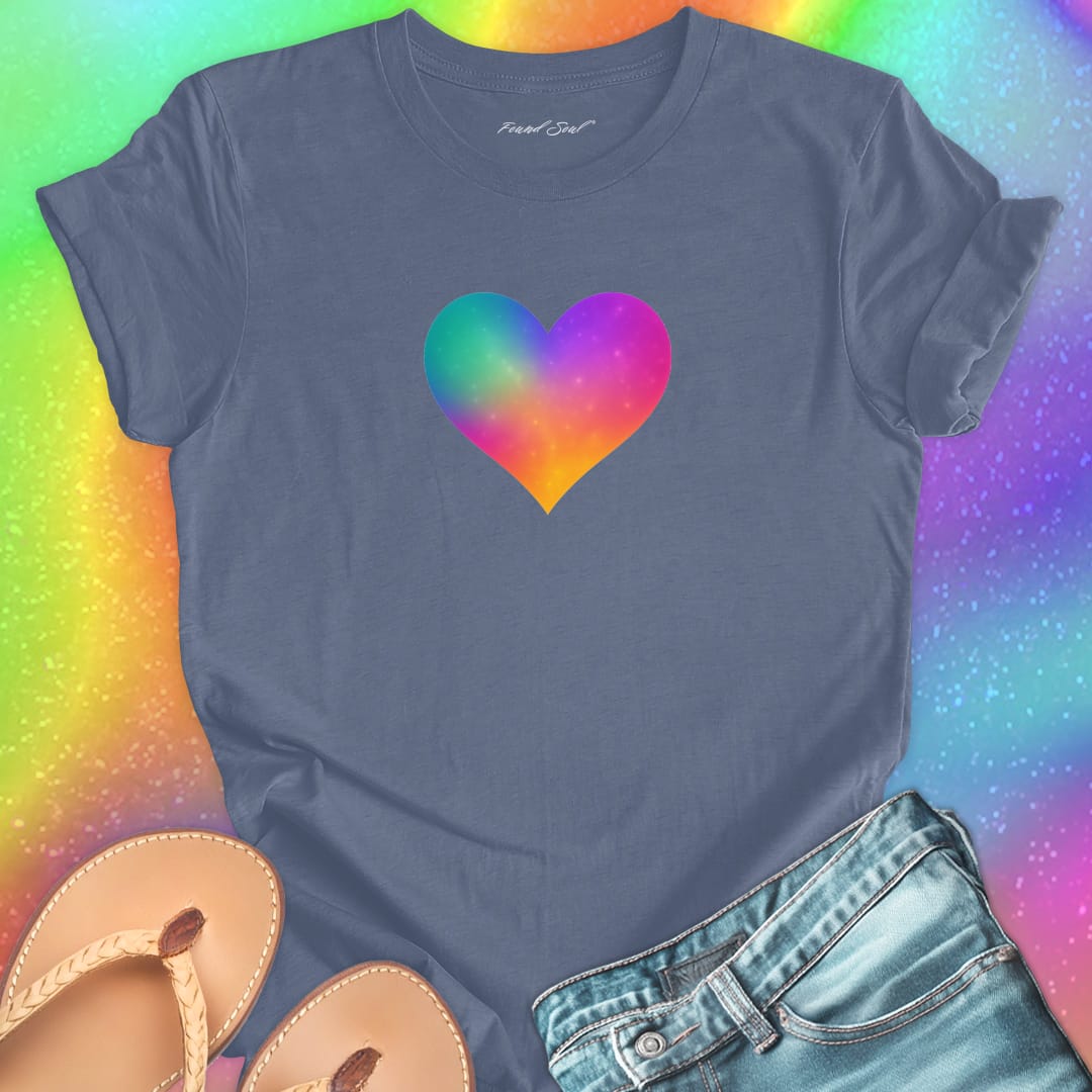 Rainbow heart grey t-shirt for found soul coming home self-belonging spiritual recognition inner discovery frequency match