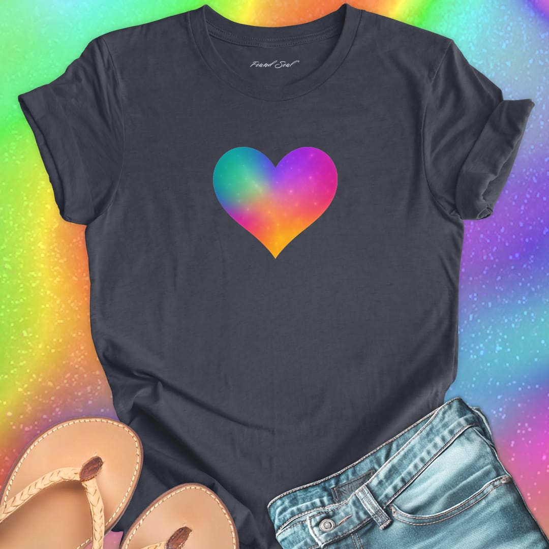 Rainbow heart dark grey t-shirt for found soul coming home self-belonging spiritual recognition inner discovery frequency match