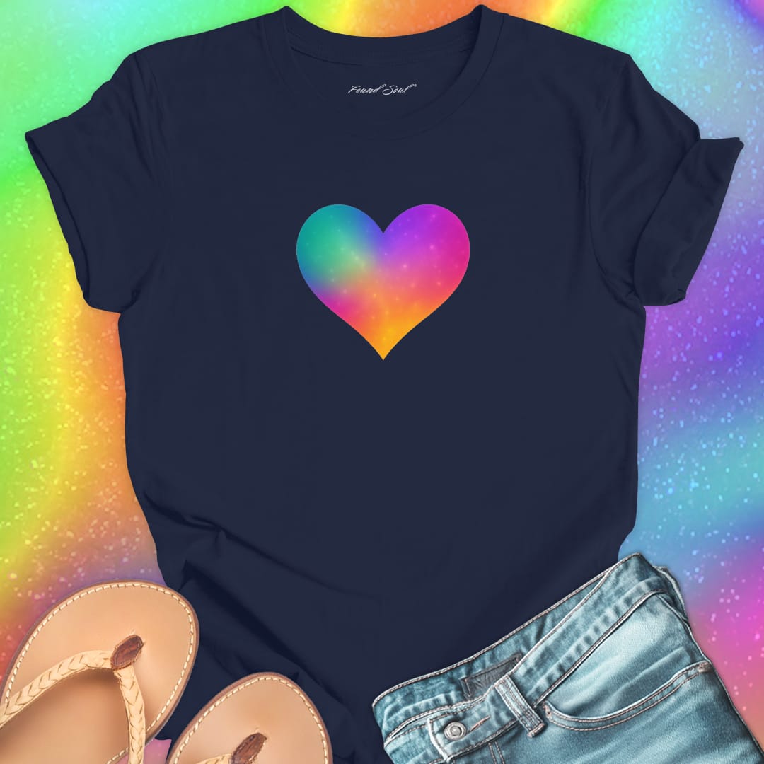 Rainbow heart navy t-shirt for found soul coming home self-belonging spiritual recognition inner discovery frequency match