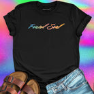 Found Soul® rainbow stars black t-shirt for stardust and cosmic inheritance.