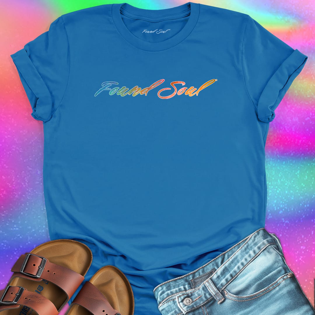 Found Soul® rainbow stars blue t-shirt for stardust and cosmic inheritance.