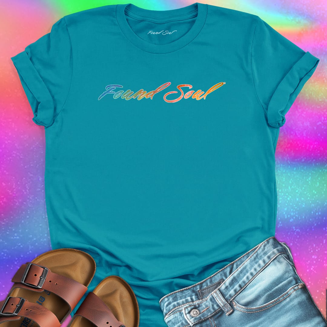 Found Soul® rainbow stars turquoise t-shirt for stardust and cosmic inheritance.
