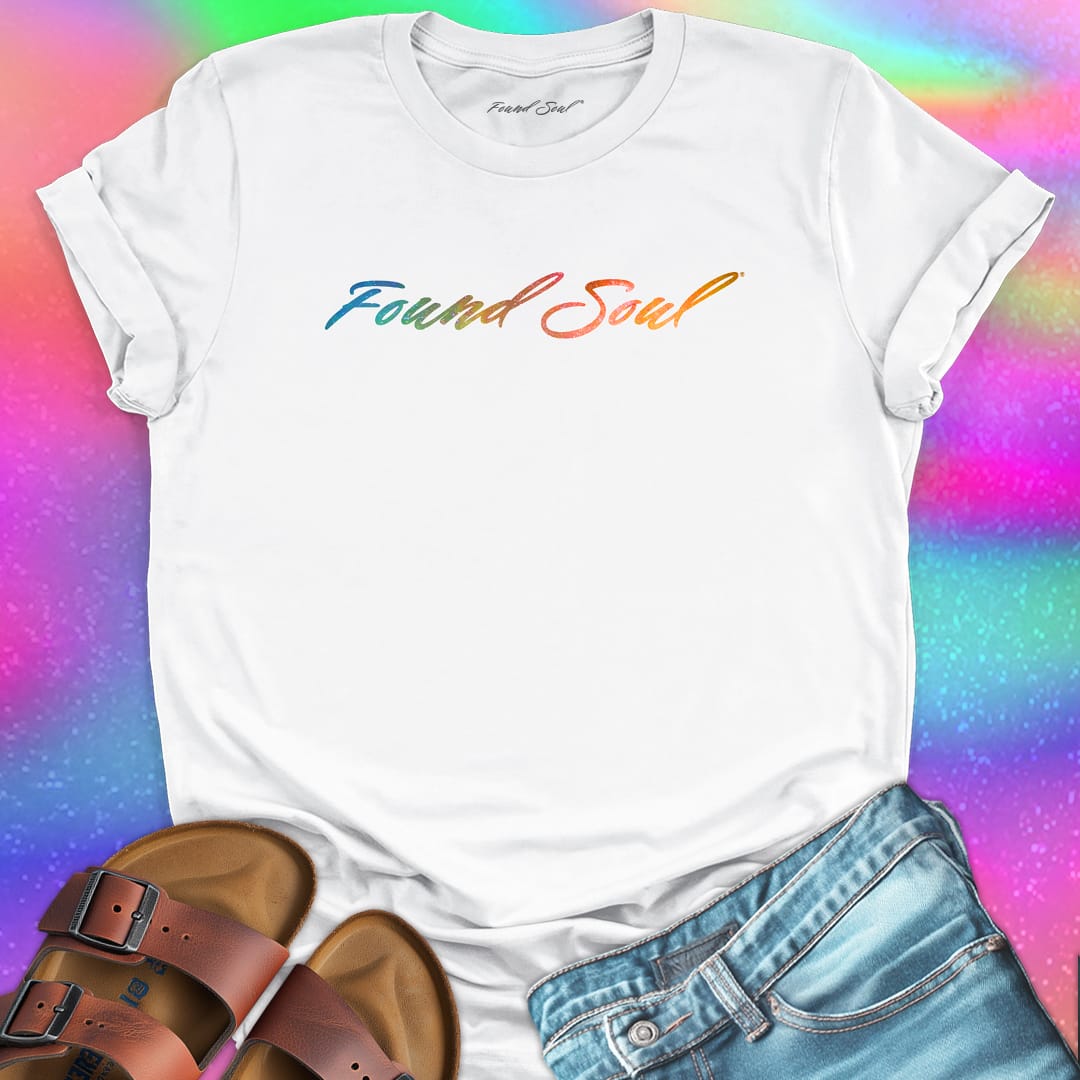 Found Soul® rainbow stars white t-shirt for stardust and cosmic inheritance.