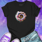 Iridescent spiral vortex portal on black t-shirt for transformation and spiral journey.
