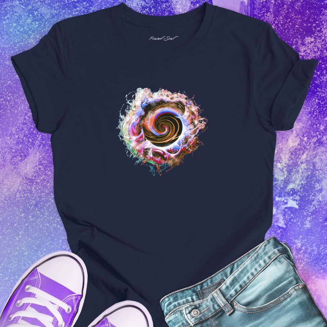 Iridescent spiral vortex portal on navy t-shirt for transformation and spiral journey.