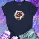 Iridescent spiral vortex portal on navy t-shirt for transformation and spiral journey.