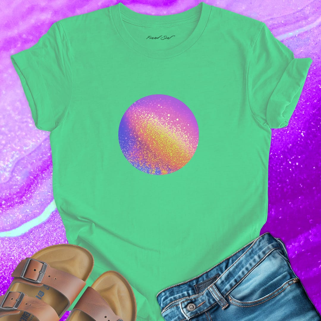 Sparkling galaxy sphere rainbow shimmer green t-shirt for cosmic complexity and wholeness.