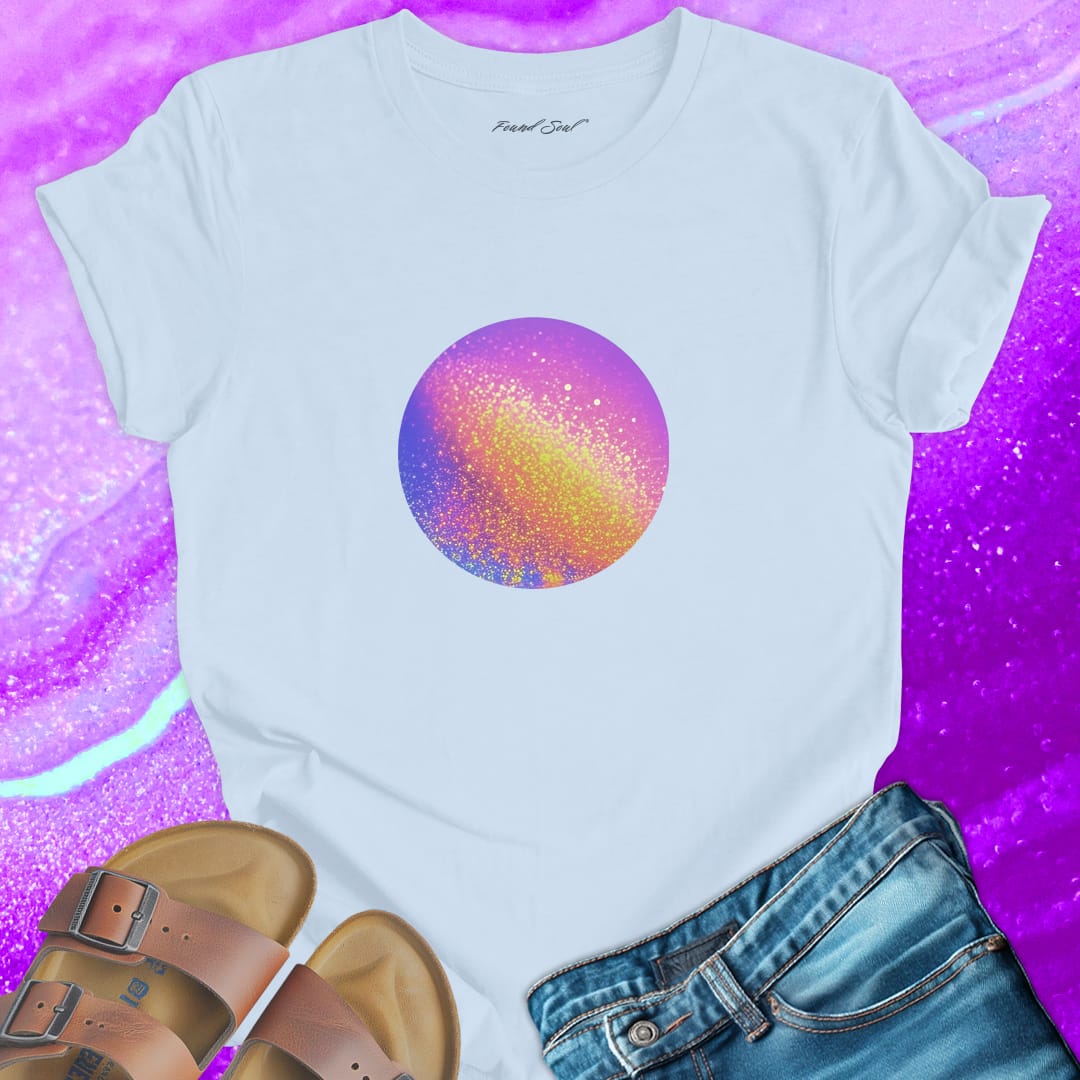 Sparkling galaxy sphere rainbow shimmer light blue t-shirt for cosmic complexity and wholeness.