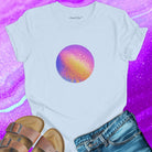 Sparkling galaxy sphere rainbow shimmer light blue t-shirt for cosmic complexity and wholeness.