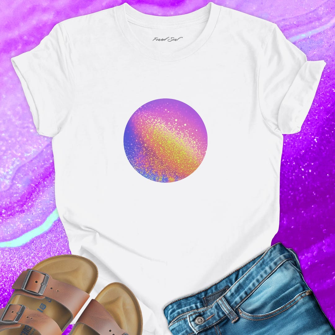 Sparkling galaxy sphere rainbow shimmer white t-shirt for cosmic complexity and wholeness.