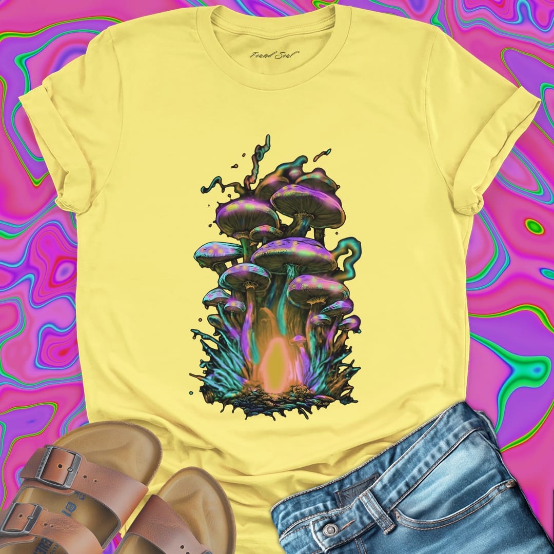 Iridescent purple green gold mushroom cluster with glowing mycelium yellow t-shirt.
