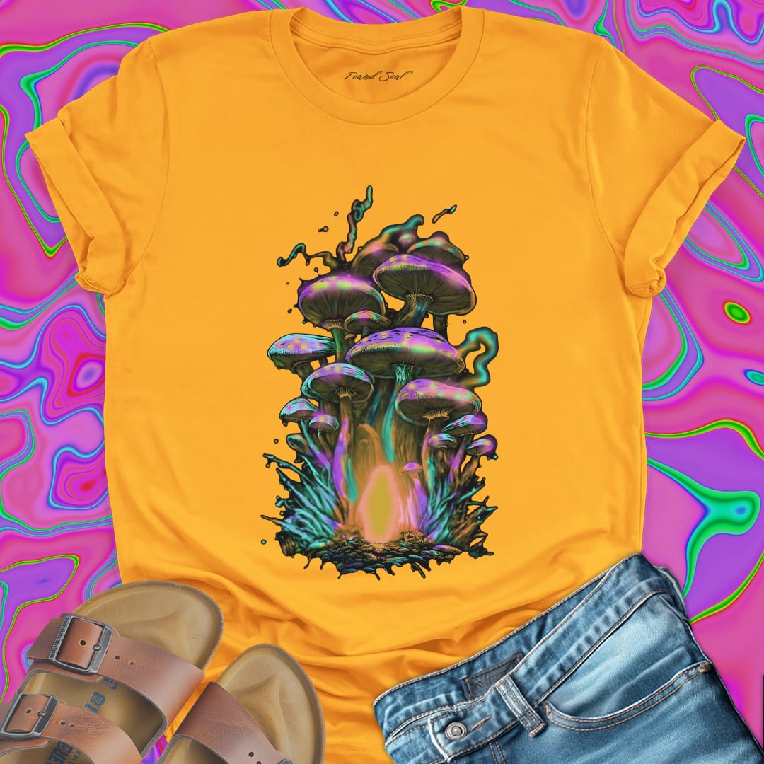 Iridescent purple green gold mushroom cluster with glowing mycelium gold t-shirt.
