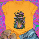 Iridescent purple green gold mushroom cluster with glowing mycelium gold t-shirt.