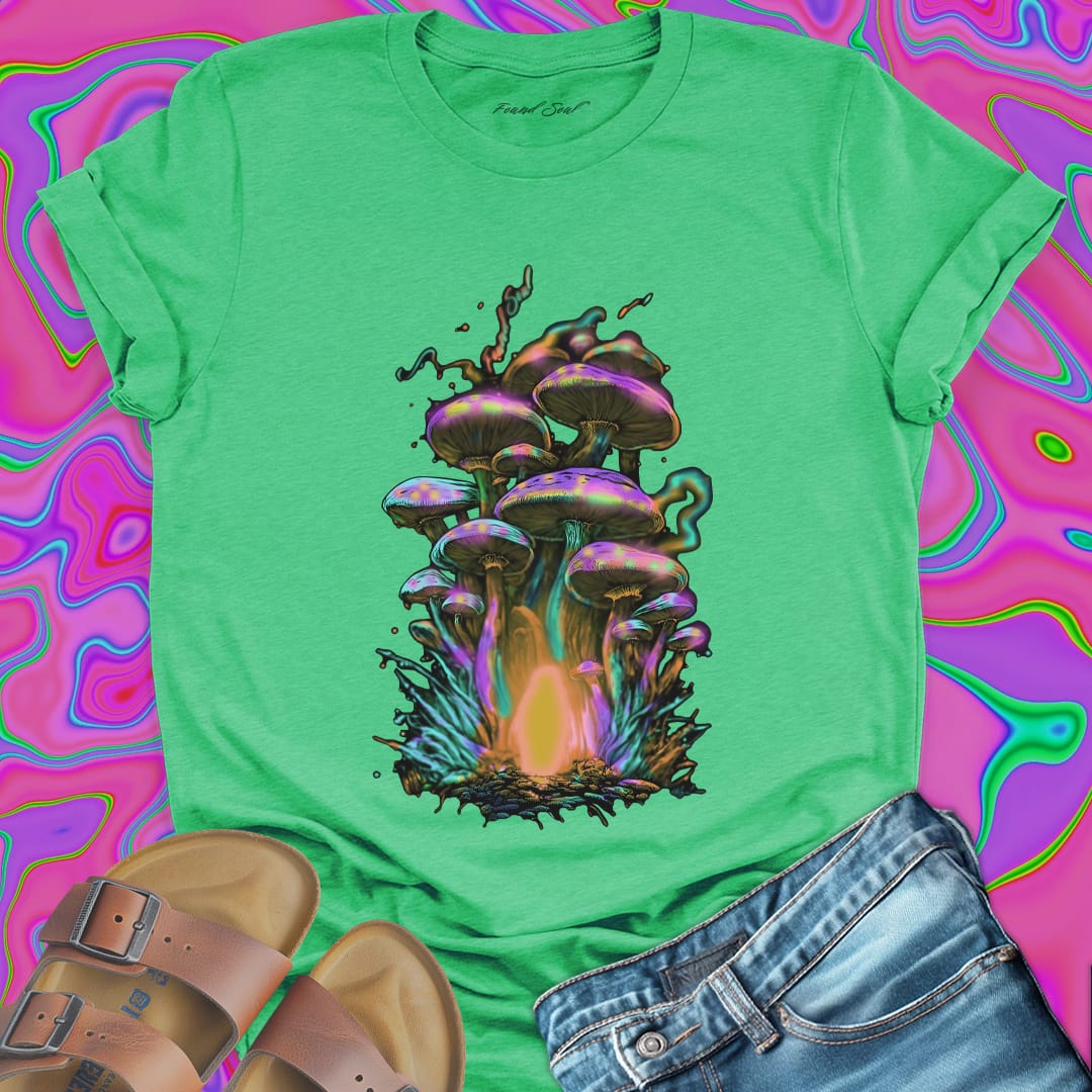 Iridescent purple green gold mushroom cluster with glowing mycelium green t-shirt.