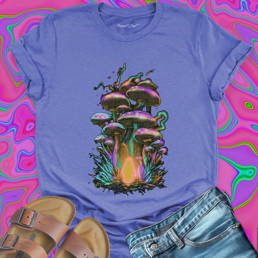Iridescent purple green gold mushroom cluster with glowing mycelium purple t-shirt.