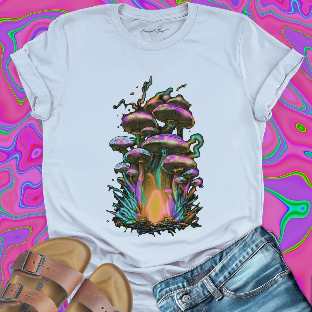 Iridescent purple green gold mushroom cluster with glowing mycelium light blue t-shirt.