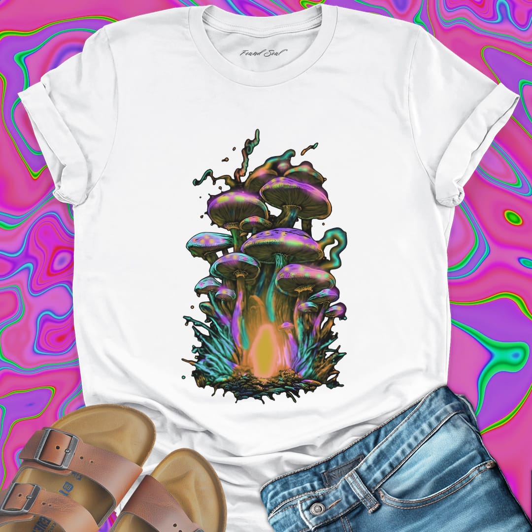 Iridescent purple green gold mushroom cluster with glowing mycelium white t-shirt.