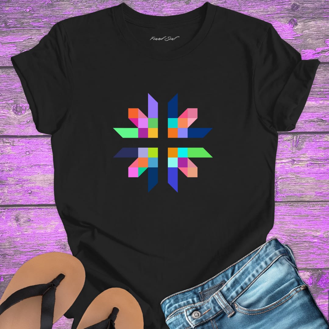 Intricate geometric star with intersecting pathways on black t-shirt for sacred geometry alignment energetic flow