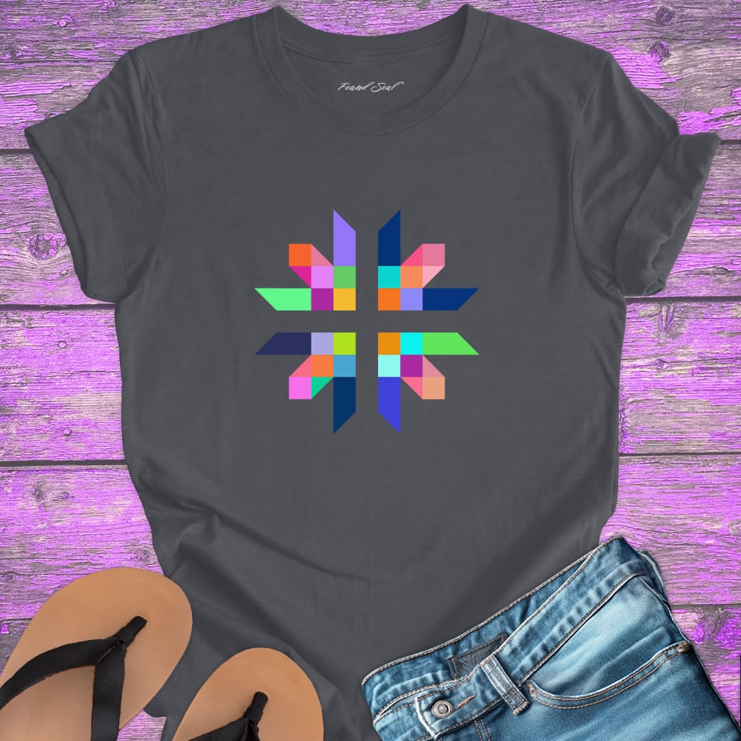 Intricate geometric star with intersecting pathways on grey t-shirt for sacred geometry alignment energetic flow