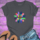 Intricate geometric star with intersecting pathways on grey t-shirt for sacred geometry alignment energetic flow