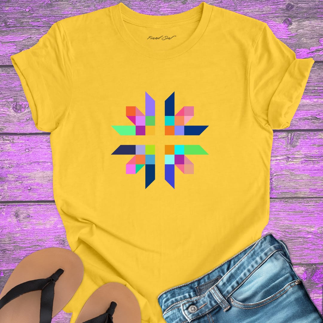 Intricate geometric star with intersecting pathways on yellow t-shirt for sacred geometry alignment energetic flow