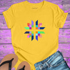 Intricate geometric star with intersecting pathways on yellow t-shirt for sacred geometry alignment energetic flow