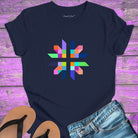 Intricate geometric star with intersecting pathways on navy t-shirt for sacred geometry alignment energetic flow