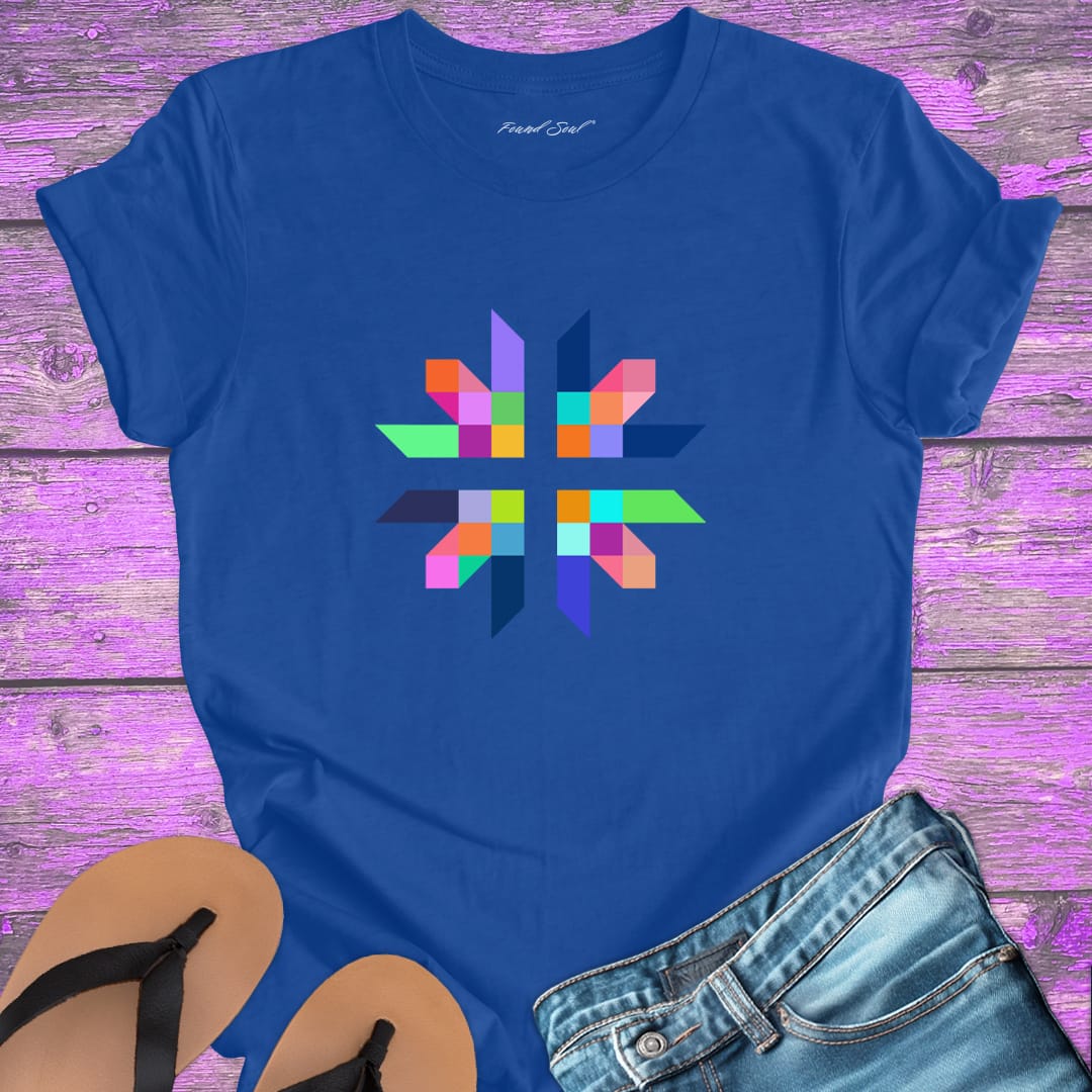 Intricate geometric star with intersecting pathways on blue t-shirt for sacred geometry alignment energetic flow