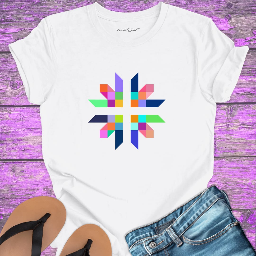 Intricate geometric star with intersecting pathways on white t-shirt for sacred geometry alignment energetic flow