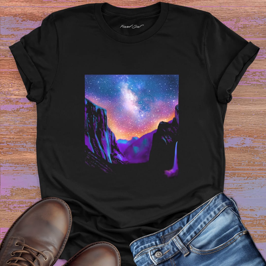 Cosmic nature scene with silhouetted cliffs and starry sky black t-shirt for wild harmony nature rhythm spiritual witness