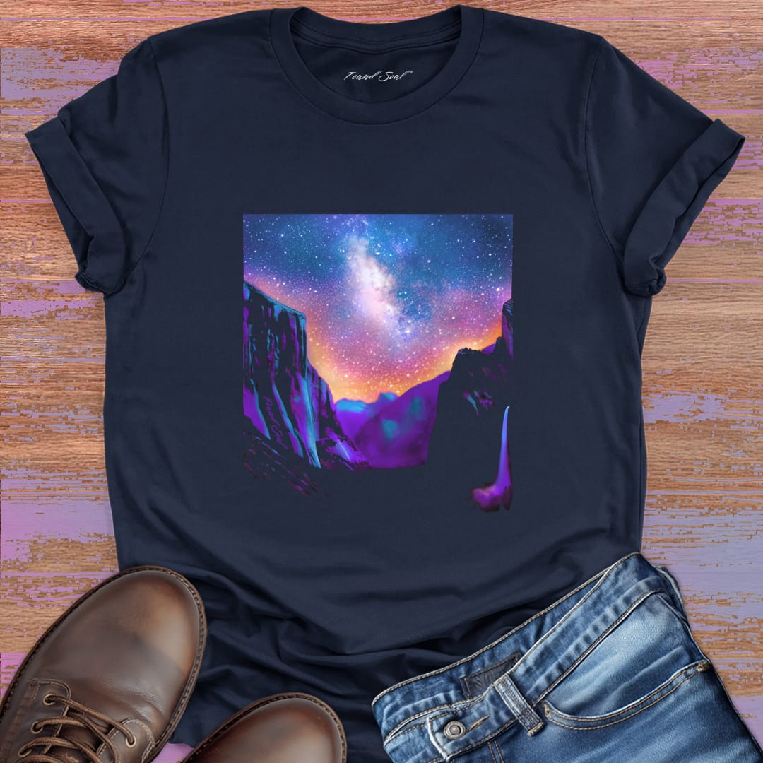 Cosmic nature scene with silhouetted cliffs and starry sky navy t-shirt for wild harmony nature rhythm spiritual witness