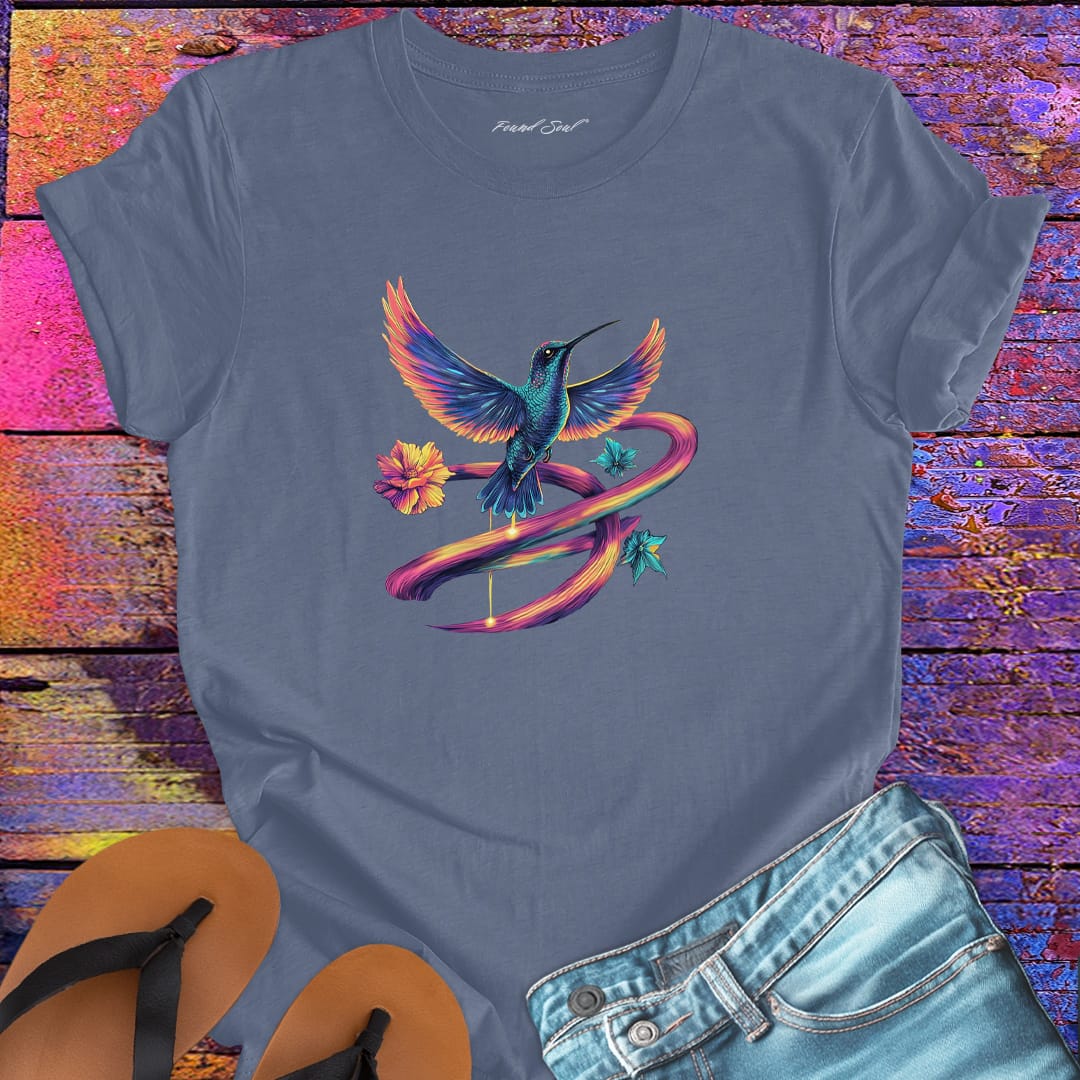 Vibrant hummingbird with flowing rainbow ribbon trails and flower grey t-shirt for flow state movement art presence spiritual beauty 